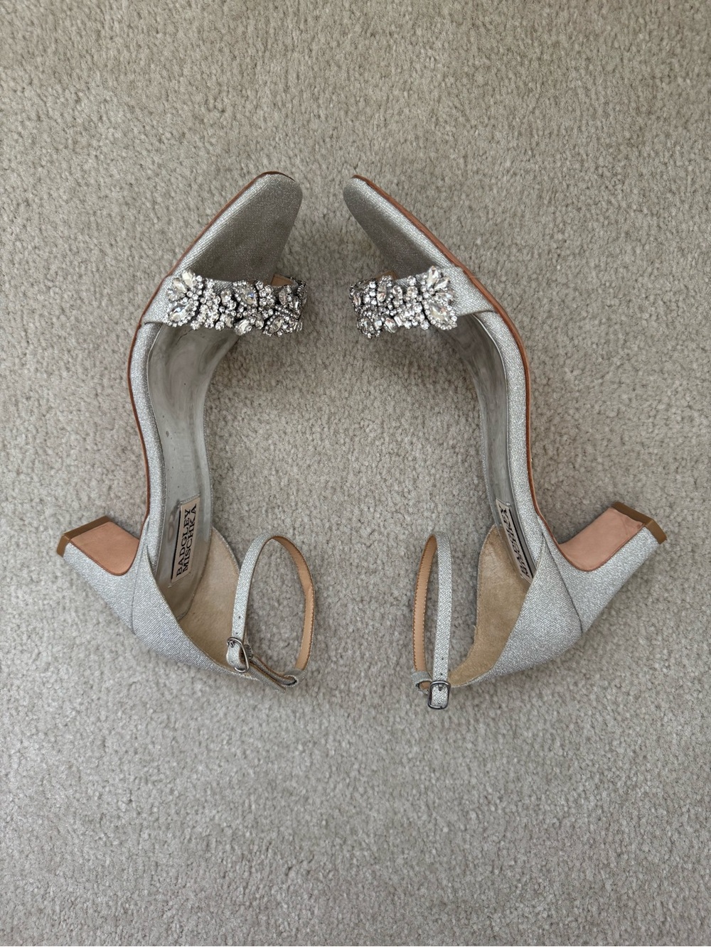 Badgley Mischka Silver Crystal-Embellished with Glitter Ankle-Strap Heels
